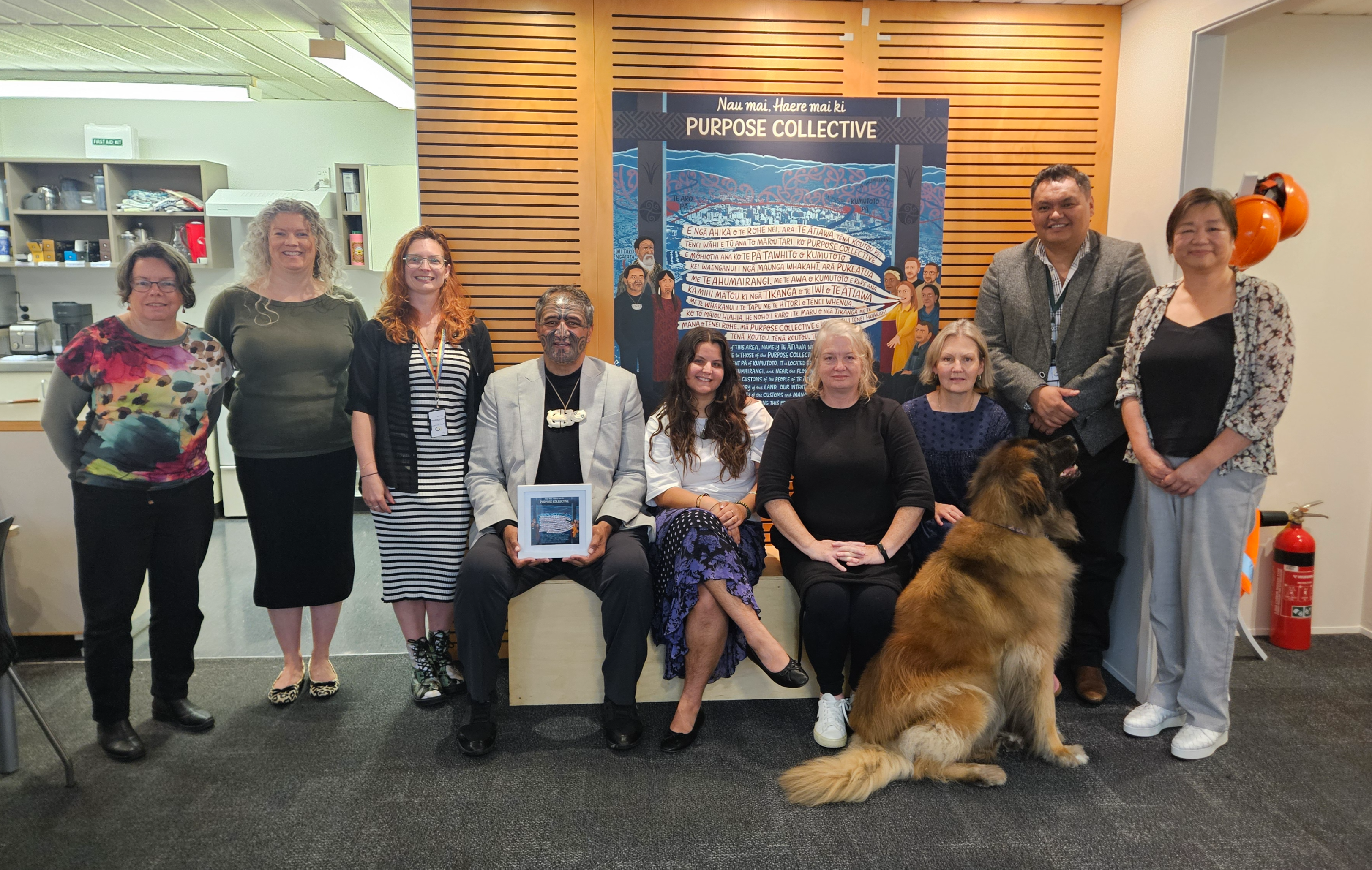 Kura Moeahu, with members of the Purpose Collective (Community Research, Hui E! and Volunteering NZ)